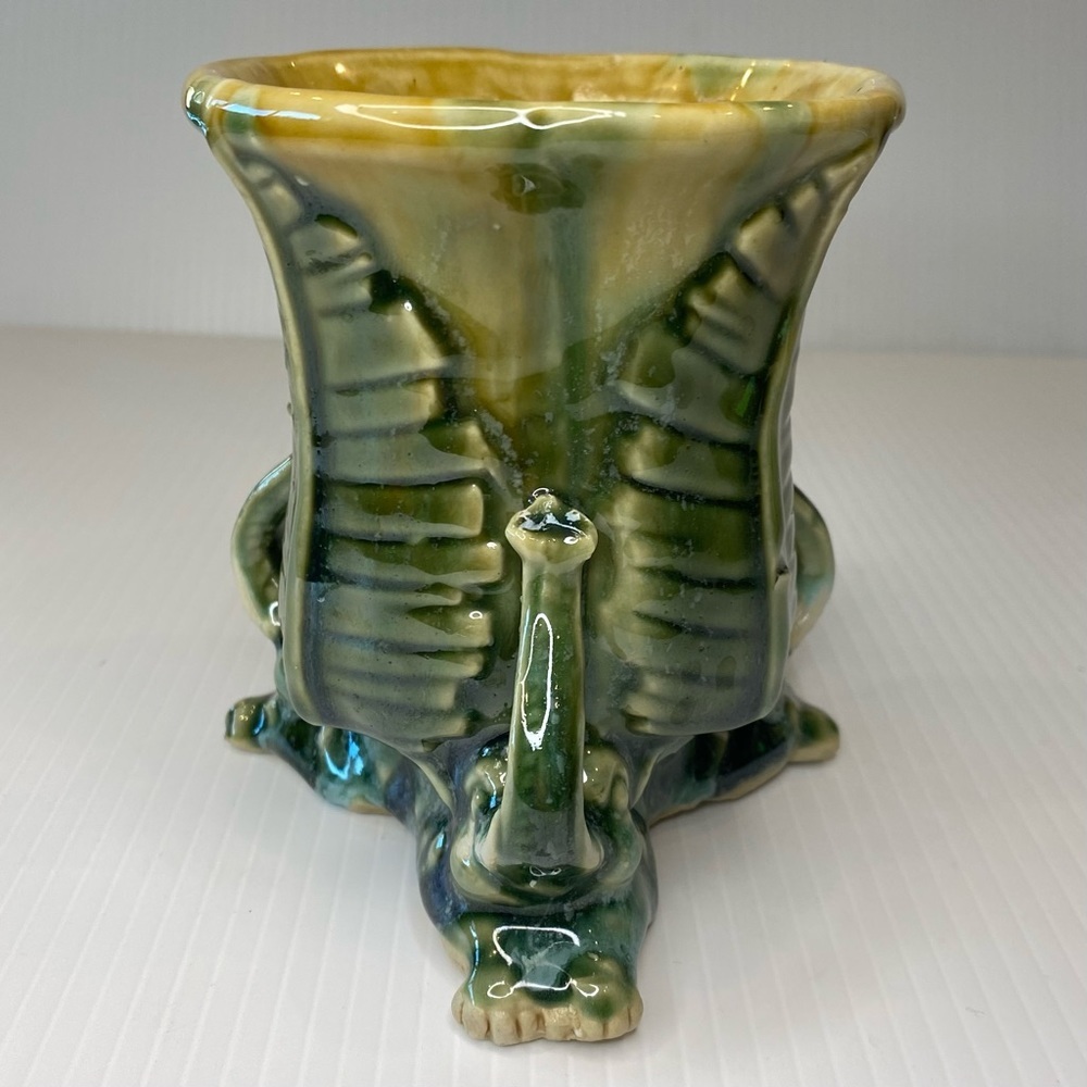 Vintage Lucky Elephant Three Sides Planter Trunk Up Majolica Pottery - Picture 4 of 9